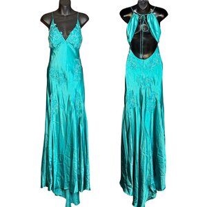 Teal Satin Lace Maxi Dress Fairycore Y2K Prom Formal Slip Dress Size 6
